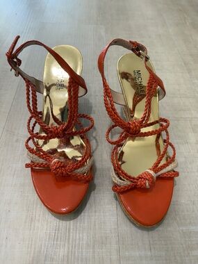 Michael Kors Orange Braided Rope Wedge  Sandals size 8 Gold Footbed Summer Wear